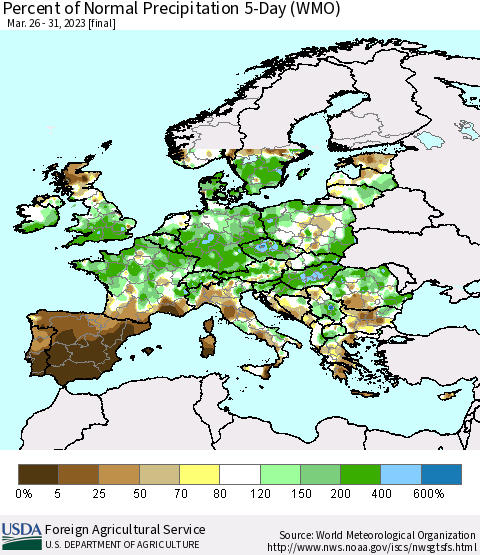 Europe Percent of Normal Precipitation 5-Day (WMO) Thematic Map For 3/26/2023 - 3/31/2023