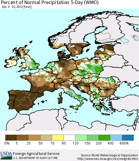 Europe Percent of Normal Precipitation 5-Day (WMO) Thematic Map For 4/6/2023 - 4/10/2023
