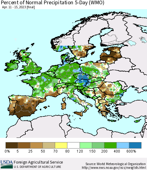 Europe Percent of Normal Precipitation 5-Day (WMO) Thematic Map For 4/11/2023 - 4/15/2023