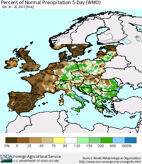 Europe Percent of Normal Precipitation 5-Day (WMO) Thematic Map For 4/16/2023 - 4/20/2023