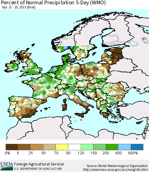 Europe Percent of Normal Precipitation 5-Day (WMO) Thematic Map For 4/21/2023 - 4/25/2023