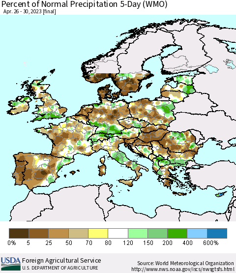 Europe Percent of Normal Precipitation 5-Day (WMO) Thematic Map For 4/26/2023 - 4/30/2023