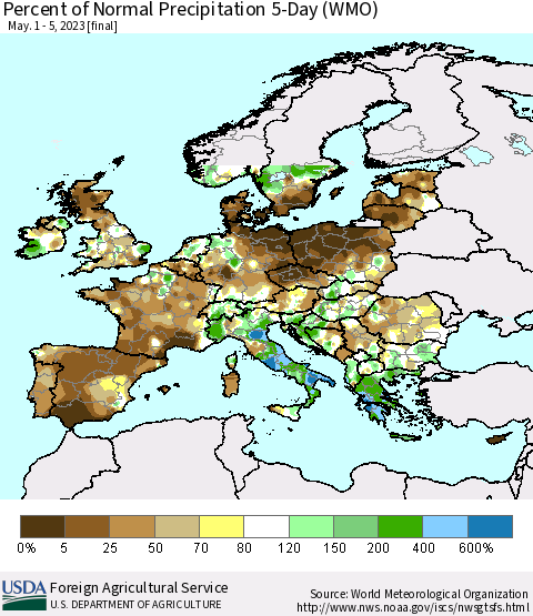 Europe Percent of Normal Precipitation 5-Day (WMO) Thematic Map For 5/1/2023 - 5/5/2023
