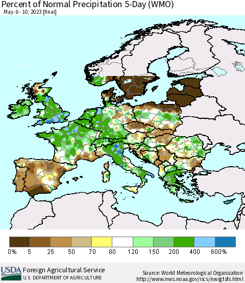 Europe Percent of Normal Precipitation 5-Day (WMO) Thematic Map For 5/6/2023 - 5/10/2023