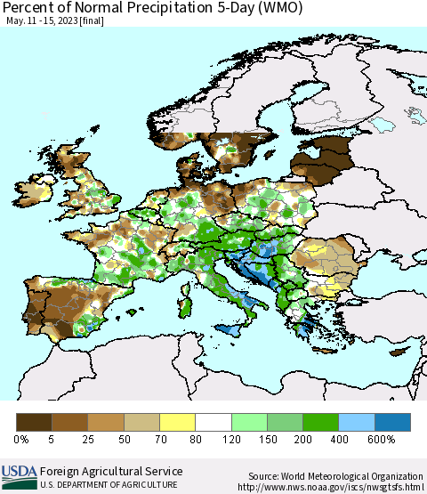 Europe Percent of Normal Precipitation 5-Day (WMO) Thematic Map For 5/11/2023 - 5/15/2023