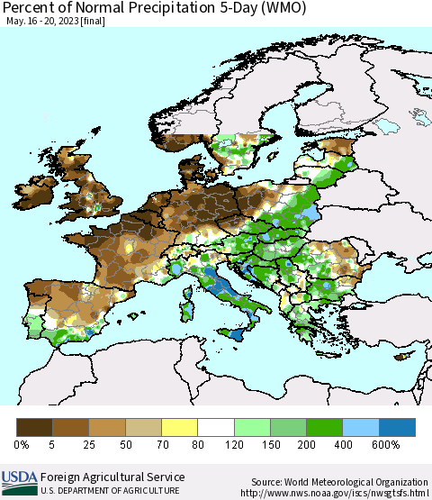 Europe Percent of Normal Precipitation 5-Day (WMO) Thematic Map For 5/16/2023 - 5/20/2023