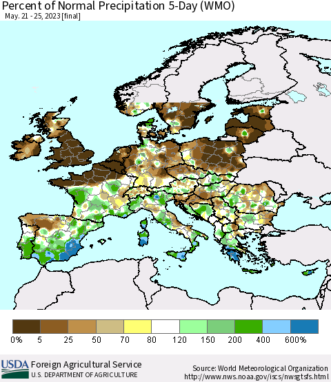 Europe Percent of Normal Precipitation 5-Day (WMO) Thematic Map For 5/21/2023 - 5/25/2023