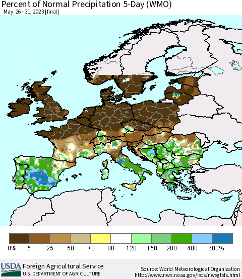 Europe Percent of Normal Precipitation 5-Day (WMO) Thematic Map For 5/26/2023 - 5/31/2023