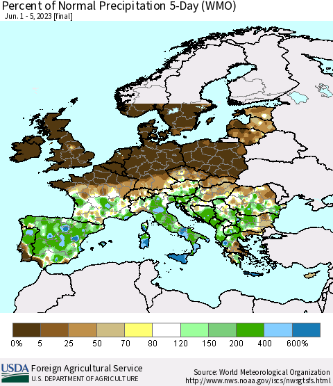 Europe Percent of Normal Precipitation 5-Day (WMO) Thematic Map For 6/1/2023 - 6/5/2023