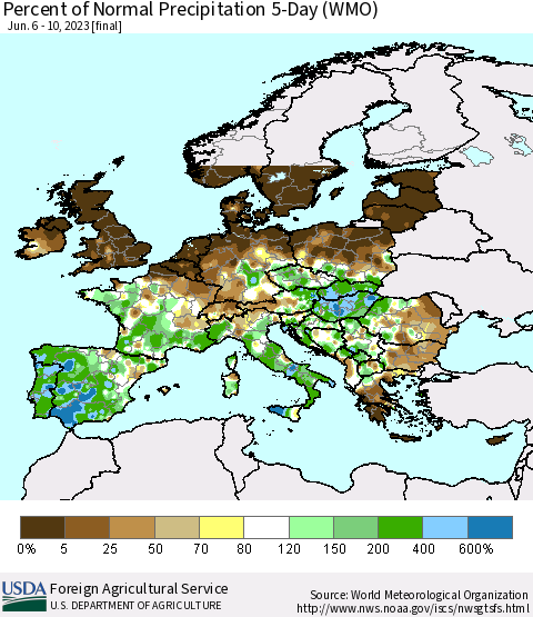 Europe Percent of Normal Precipitation 5-Day (WMO) Thematic Map For 6/6/2023 - 6/10/2023