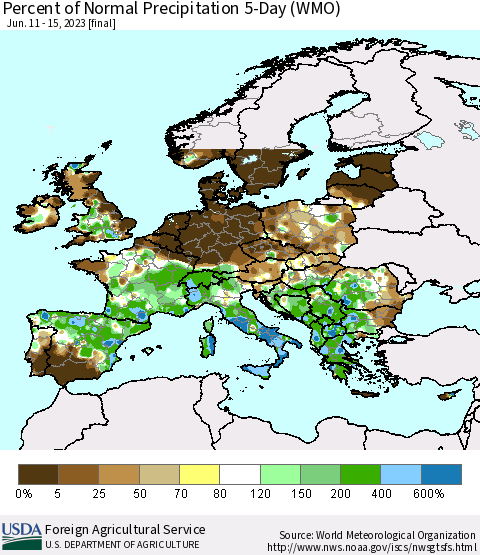 Europe Percent of Normal Precipitation 5-Day (WMO) Thematic Map For 6/11/2023 - 6/15/2023