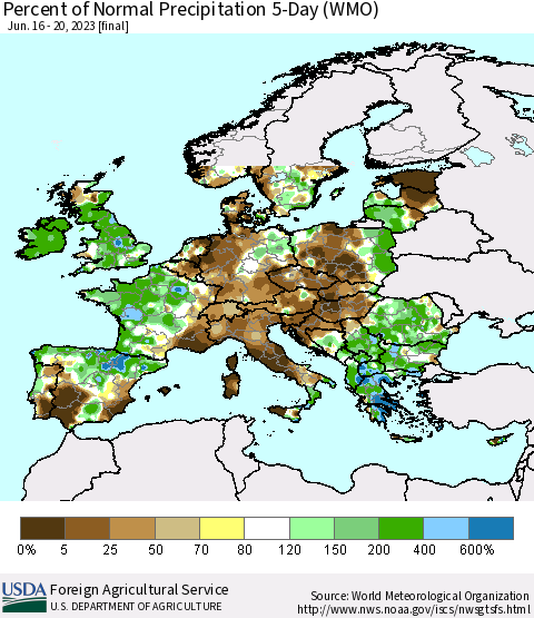 Europe Percent of Normal Precipitation 5-Day (WMO) Thematic Map For 6/16/2023 - 6/20/2023