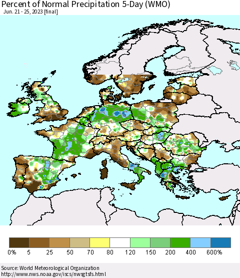 Europe Percent of Normal Precipitation 5-Day (WMO) Thematic Map For 6/21/2023 - 6/25/2023