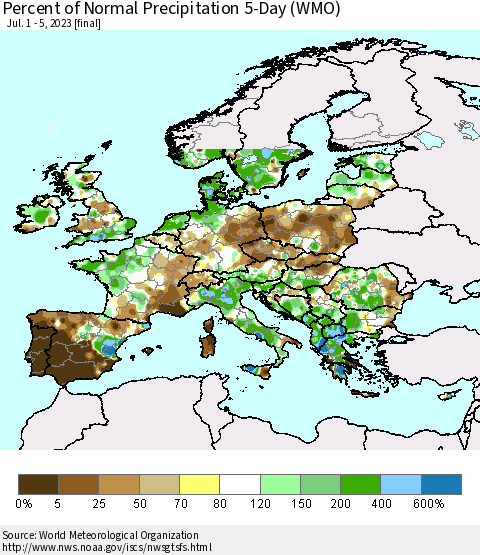 Europe Percent of Normal Precipitation 5-Day (WMO) Thematic Map For 7/1/2023 - 7/5/2023