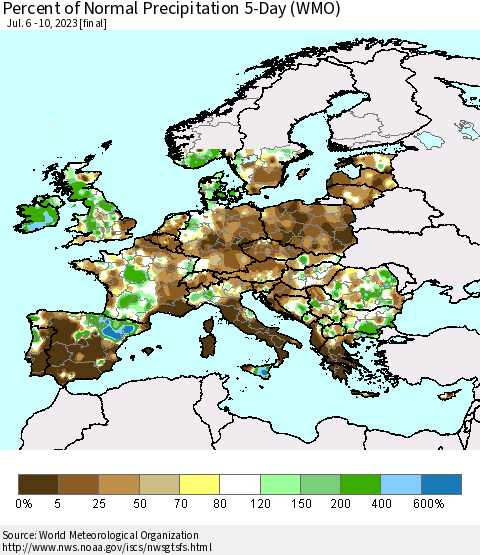 Europe Percent of Normal Precipitation 5-Day (WMO) Thematic Map For 7/6/2023 - 7/10/2023
