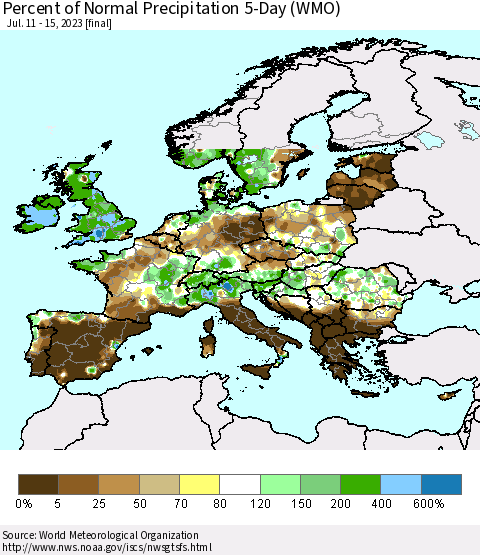 Europe Percent of Normal Precipitation 5-Day (WMO) Thematic Map For 7/11/2023 - 7/15/2023