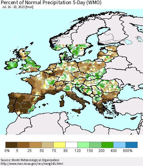 Europe Percent of Normal Precipitation 5-Day (WMO) Thematic Map For 7/16/2023 - 7/20/2023