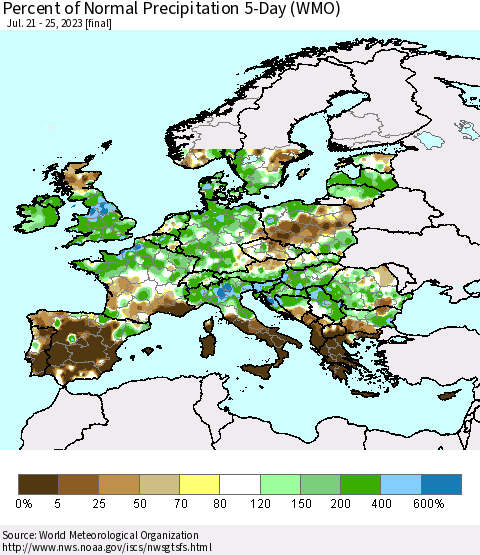 Europe Percent of Normal Precipitation 5-Day (WMO) Thematic Map For 7/21/2023 - 7/25/2023