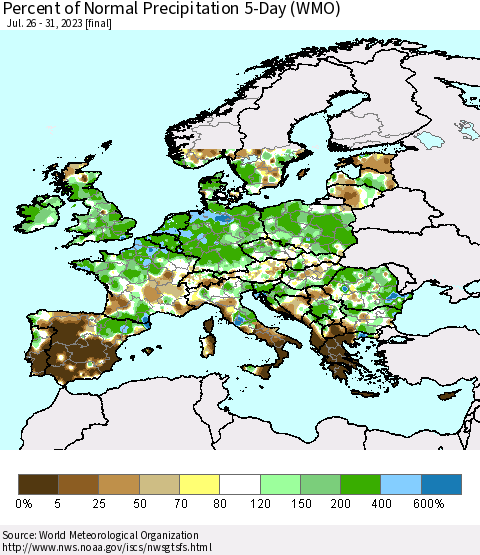Europe Percent of Normal Precipitation 5-Day (WMO) Thematic Map For 7/26/2023 - 7/31/2023
