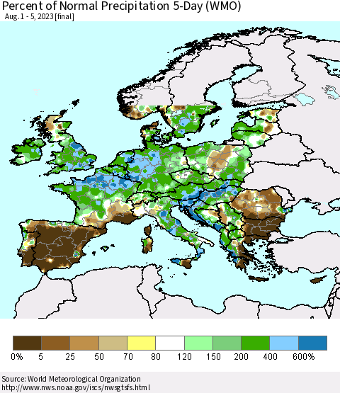 Europe Percent of Normal Precipitation 5-Day (WMO) Thematic Map For 8/1/2023 - 8/5/2023