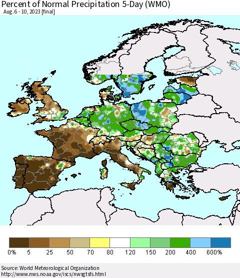 Europe Percent of Normal Precipitation 5-Day (WMO) Thematic Map For 8/6/2023 - 8/10/2023