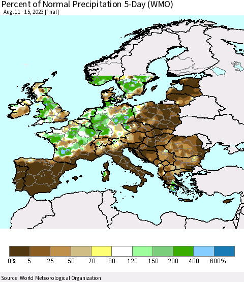 Europe Percent of Normal Precipitation 5-Day (WMO) Thematic Map For 8/11/2023 - 8/15/2023
