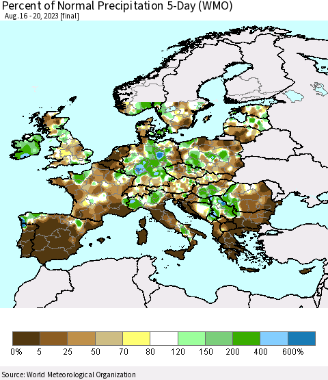 Europe Percent of Normal Precipitation 5-Day (WMO) Thematic Map For 8/16/2023 - 8/20/2023