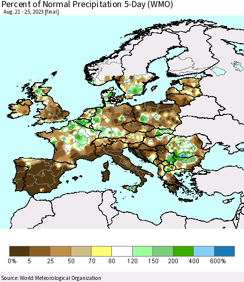 Europe Percent of Normal Precipitation 5-Day (WMO) Thematic Map For 8/21/2023 - 8/25/2023