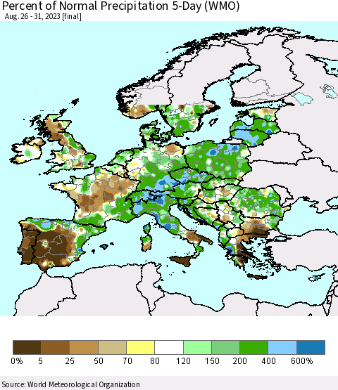 Europe Percent of Normal Precipitation 5-Day (WMO) Thematic Map For 8/26/2023 - 8/31/2023