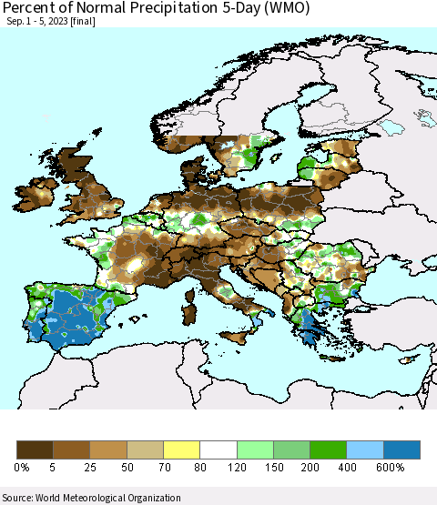 Europe Percent of Normal Precipitation 5-Day (WMO) Thematic Map For 9/1/2023 - 9/5/2023