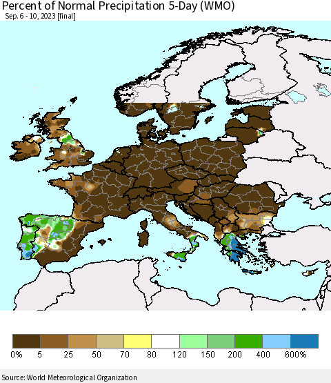 Europe Percent of Normal Precipitation 5-Day (WMO) Thematic Map For 9/6/2023 - 9/10/2023