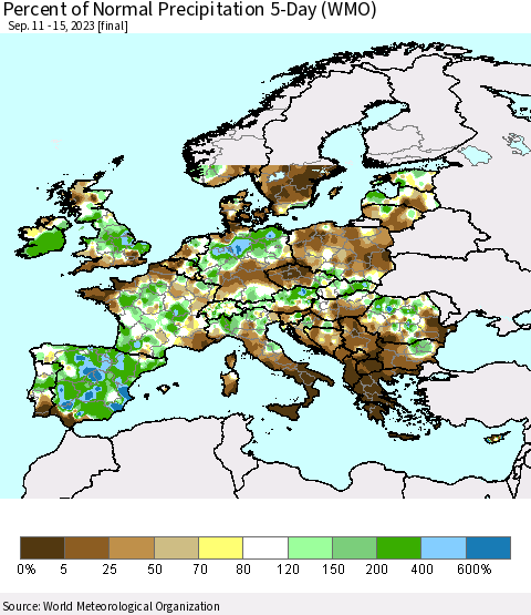 Europe Percent of Normal Precipitation 5-Day (WMO) Thematic Map For 9/11/2023 - 9/15/2023
