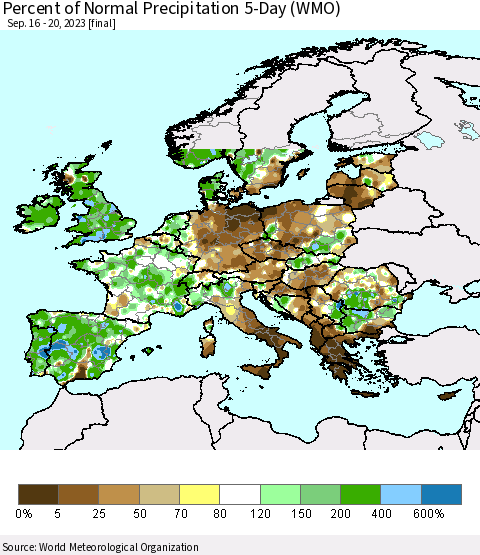 Europe Percent of Normal Precipitation 5-Day (WMO) Thematic Map For 9/16/2023 - 9/20/2023