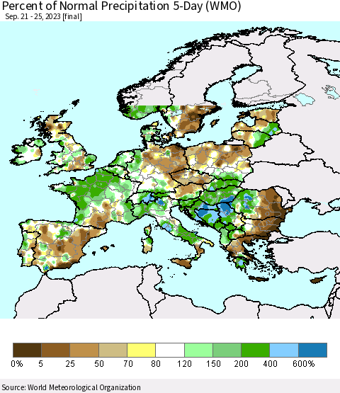 Europe Percent of Normal Precipitation 5-Day (WMO) Thematic Map For 9/21/2023 - 9/25/2023