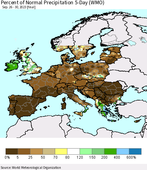 Europe Percent of Normal Precipitation 5-Day (WMO) Thematic Map For 9/26/2023 - 9/30/2023