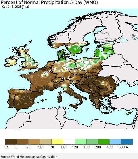 Europe Percent of Normal Precipitation 5-Day (WMO) Thematic Map For 10/1/2023 - 10/5/2023