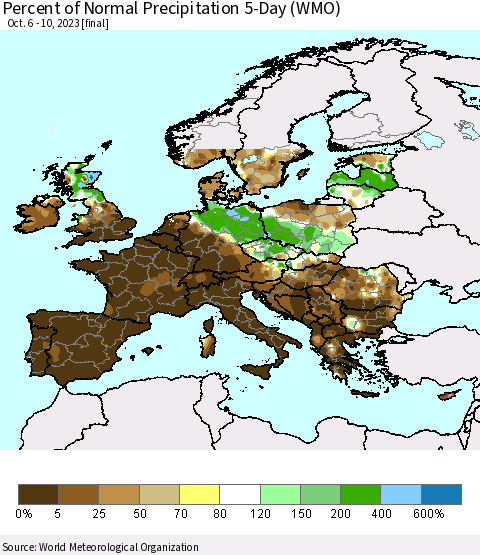 Europe Percent of Normal Precipitation 5-Day (WMO) Thematic Map For 10/6/2023 - 10/10/2023