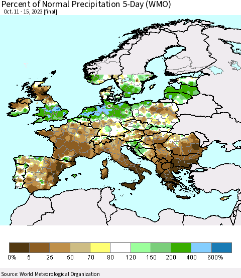 Europe Percent of Normal Precipitation 5-Day (WMO) Thematic Map For 10/11/2023 - 10/15/2023