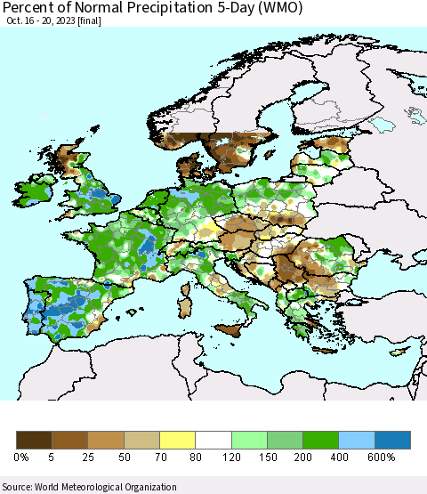 Europe Percent of Normal Precipitation 5-Day (WMO) Thematic Map For 10/16/2023 - 10/20/2023