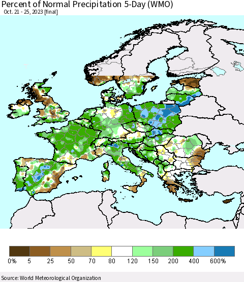 Europe Percent of Normal Precipitation 5-Day (WMO) Thematic Map For 10/21/2023 - 10/25/2023