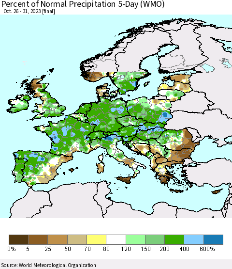 Europe Percent of Normal Precipitation 5-Day (WMO) Thematic Map For 10/26/2023 - 10/31/2023