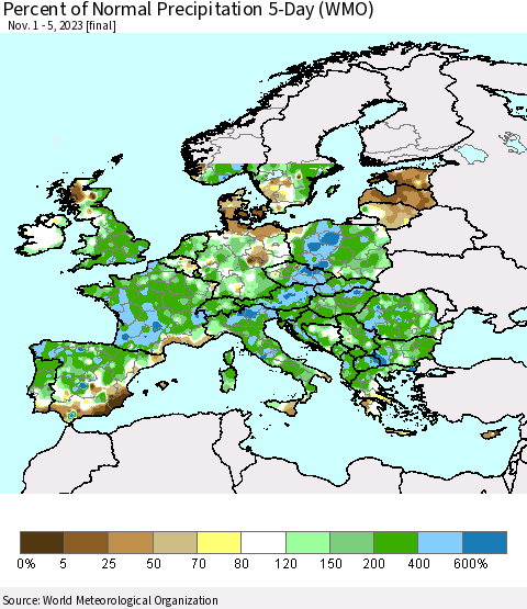 Europe Percent of Normal Precipitation 5-Day (WMO) Thematic Map For 11/1/2023 - 11/5/2023