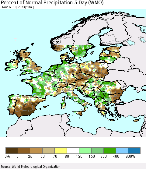 Europe Percent of Normal Precipitation 5-Day (WMO) Thematic Map For 11/6/2023 - 11/10/2023