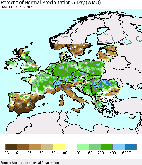 Europe Percent of Normal Precipitation 5-Day (WMO) Thematic Map For 11/11/2023 - 11/15/2023