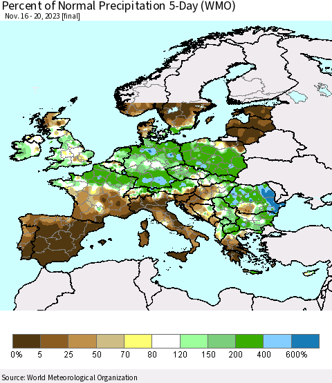 Europe Percent of Normal Precipitation 5-Day (WMO) Thematic Map For 11/16/2023 - 11/20/2023