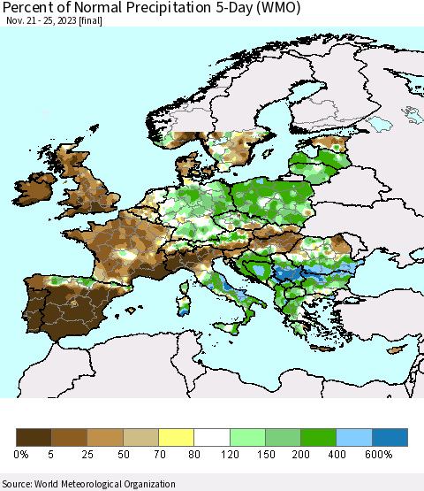 Europe Percent of Normal Precipitation 5-Day (WMO) Thematic Map For 11/21/2023 - 11/25/2023