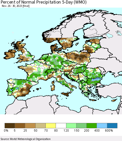 Europe Percent of Normal Precipitation 5-Day (WMO) Thematic Map For 11/26/2023 - 11/30/2023