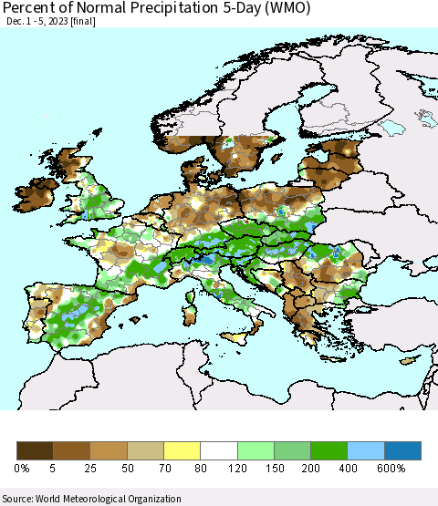 Europe Percent of Normal Precipitation 5-Day (WMO) Thematic Map For 12/1/2023 - 12/5/2023