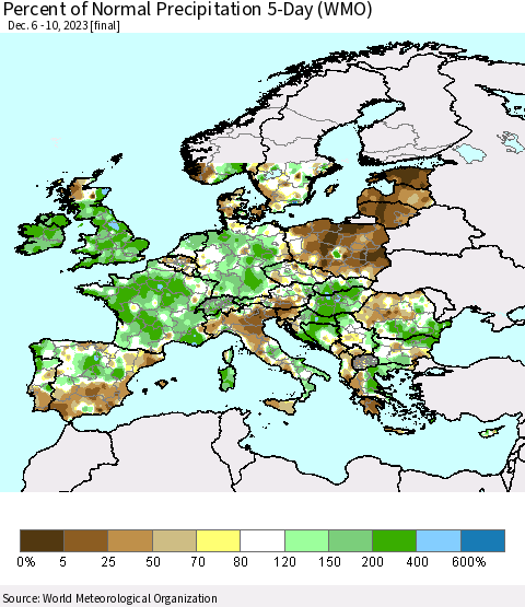Europe Percent of Normal Precipitation 5-Day (WMO) Thematic Map For 12/6/2023 - 12/10/2023