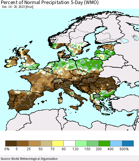 Europe Percent of Normal Precipitation 5-Day (WMO) Thematic Map For 12/16/2023 - 12/20/2023